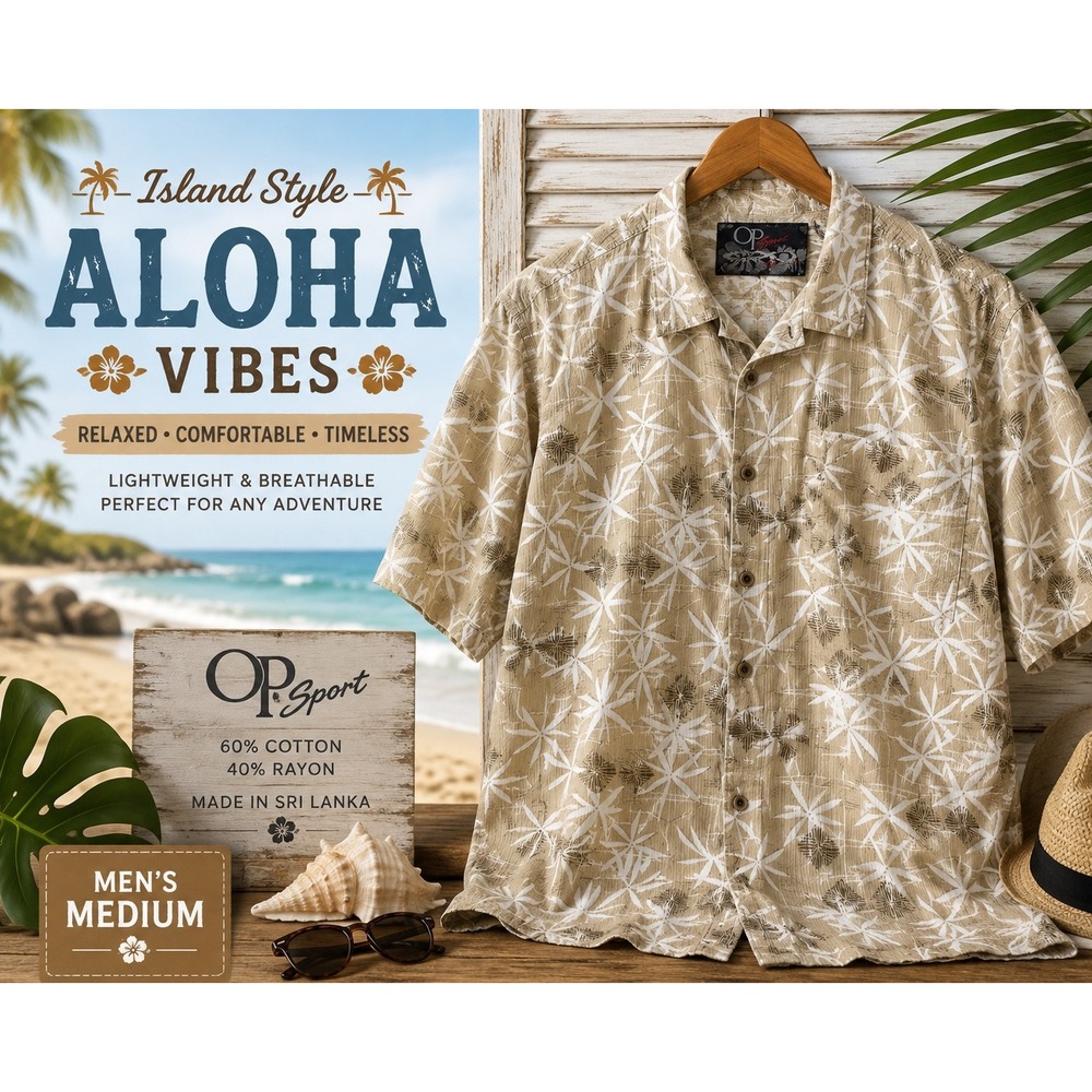 OP Sport Hawaiian Camp Shirt Men's M Beige White Tropical Floral Cotton Rayon